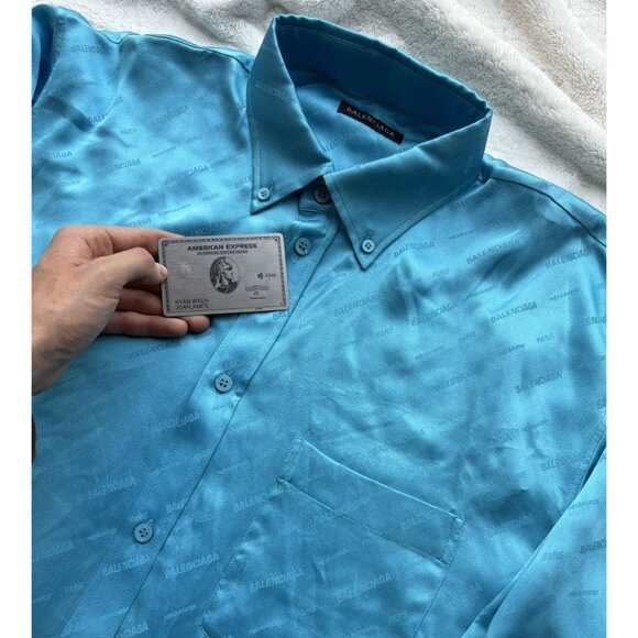 Balenciaga Blue Silk ‘All Over Logo’ Button Up Shirt - Picture 2 of 4